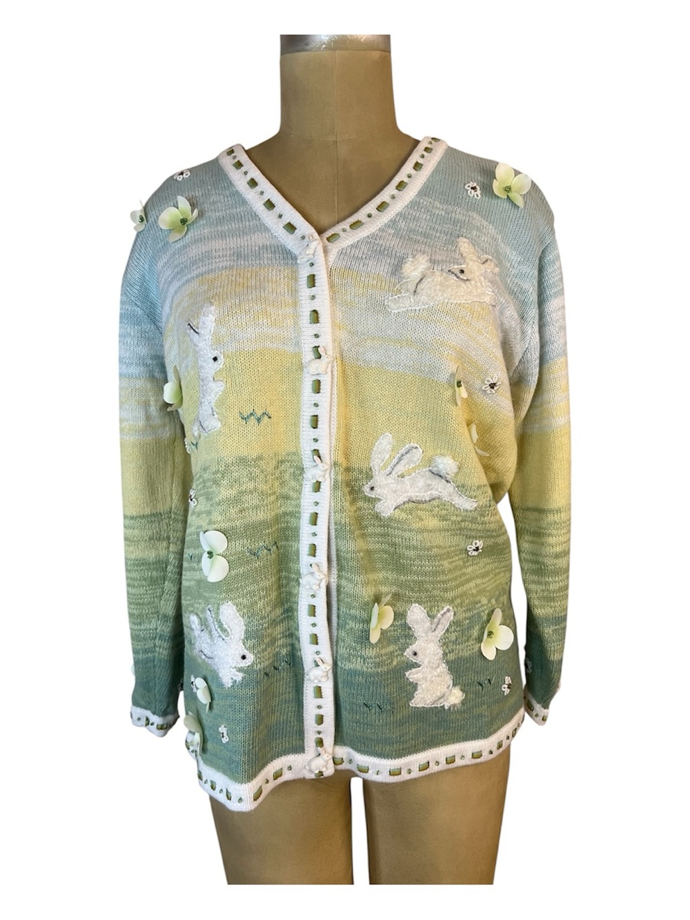 Storybook Knits NWT Vtg Pastel Ombre Bunny-Appliqué V-Neck Cardigan
